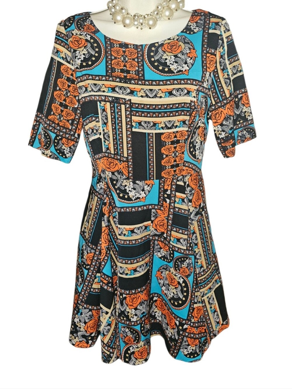 💰Minkpink Women's Black & Turquoise Floral Patchwork Short Sleeve Dress